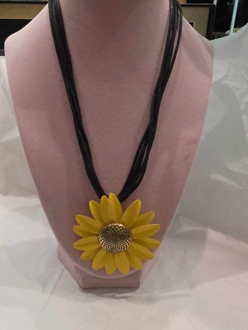 Yellow Sunflower Pendant Necklace with Black Cord